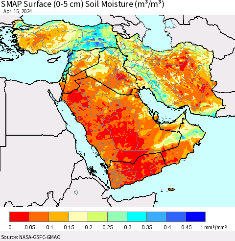 Middle East and Turkey SMAP Surface (0-5 cm) Soil Moisture (m³/m³) Thematic Map For 4/11/2024 - 4/15/2024