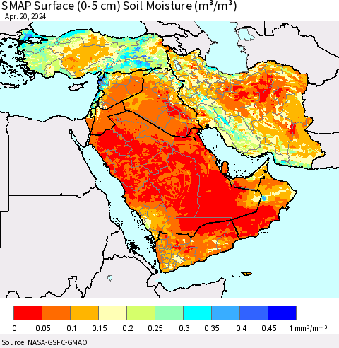 Middle East and Turkey SMAP Surface (0-5 cm) Soil Moisture (m³/m³) Thematic Map For 4/16/2024 - 4/20/2024