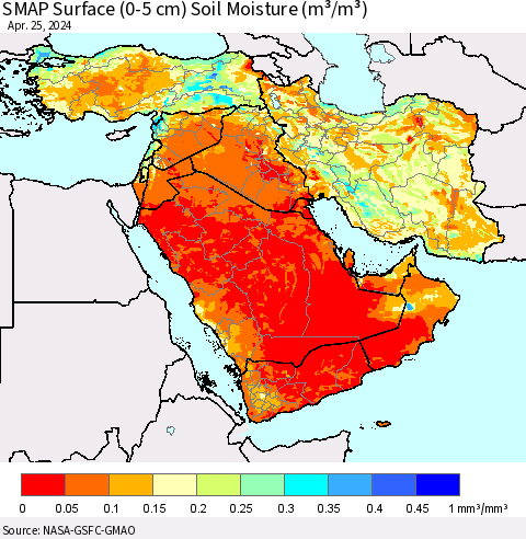 Middle East and Turkey SMAP Surface (0-5 cm) Soil Moisture (m³/m³) Thematic Map For 4/21/2024 - 4/25/2024