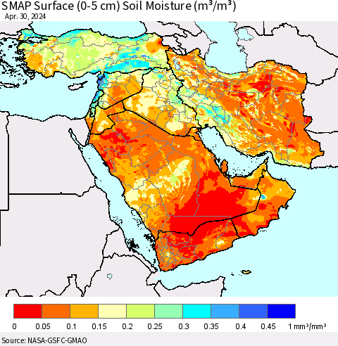 Middle East and Turkey SMAP Surface (0-5 cm) Soil Moisture (m³/m³) Thematic Map For 4/26/2024 - 4/30/2024