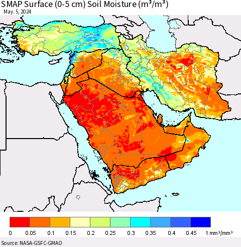 Middle East and Turkey SMAP Surface (0-5 cm) Soil Moisture (m³/m³) Thematic Map For 5/1/2024 - 5/5/2024