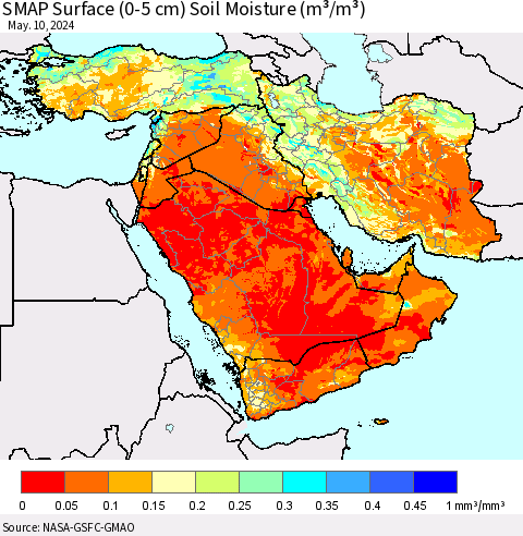Middle East and Turkey SMAP Surface (0-5 cm) Soil Moisture (m³/m³) Thematic Map For 5/6/2024 - 5/10/2024
