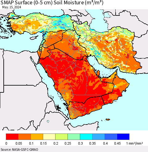 Middle East and Turkey SMAP Surface (0-5 cm) Soil Moisture (m³/m³) Thematic Map For 5/11/2024 - 5/15/2024