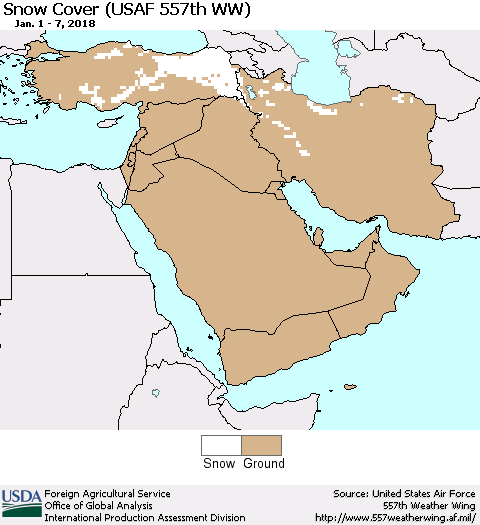 Middle East and Turkey Snow Cover (USAF 557th WW) Thematic Map For 1/1/2018 - 1/7/2018