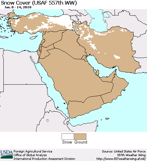 Middle East and Turkey Snow Cover (USAF 557th WW) Thematic Map For 1/8/2018 - 1/14/2018