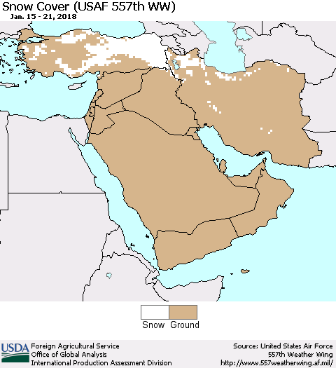 Middle East and Turkey Snow Cover (USAF 557th WW) Thematic Map For 1/15/2018 - 1/21/2018