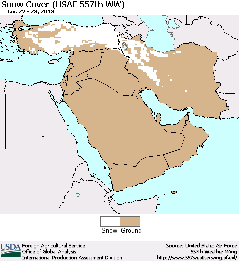 Middle East and Turkey Snow Cover (USAF 557th WW) Thematic Map For 1/22/2018 - 1/28/2018