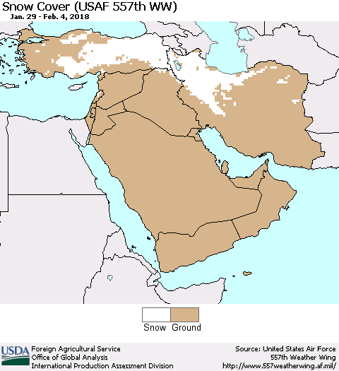 Middle East and Turkey Snow Cover (USAF 557th WW) Thematic Map For 1/29/2018 - 2/4/2018