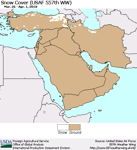 Middle East and Turkey Snow Cover (USAF 557th WW) Thematic Map For 3/26/2018 - 4/1/2018
