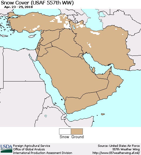 Middle East and Turkey Snow Cover (USAF 557th WW) Thematic Map For 4/23/2018 - 4/29/2018