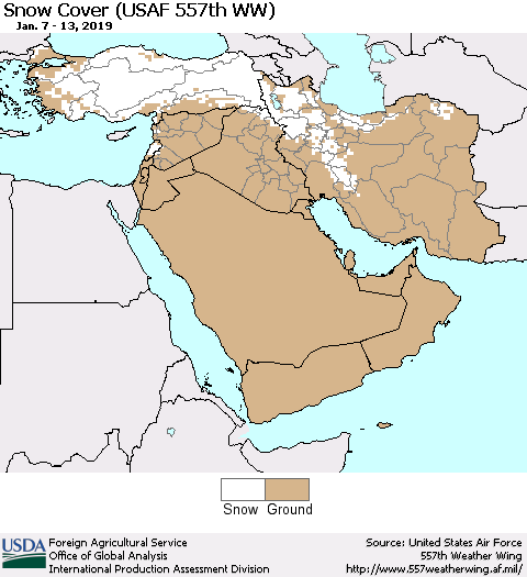 Middle East and Turkey Snow Cover (USAF 557th WW) Thematic Map For 1/7/2019 - 1/13/2019