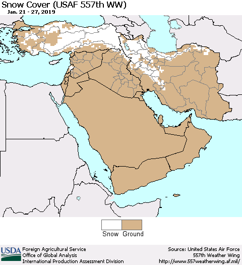 Middle East and Turkey Snow Cover (USAF 557th WW) Thematic Map For 1/21/2019 - 1/27/2019