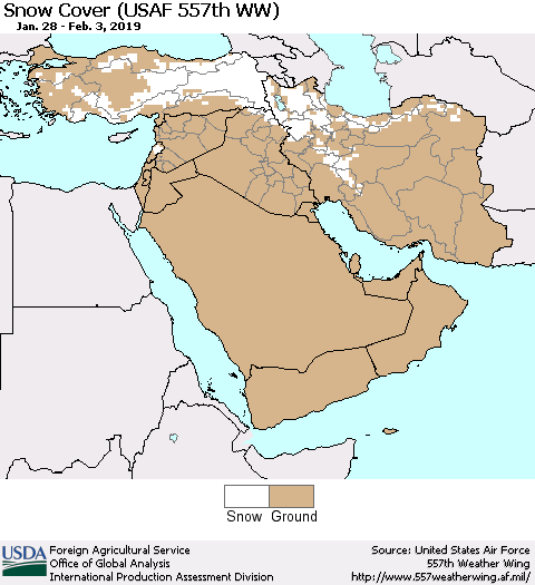 Middle East and Turkey Snow Cover (USAF 557th WW) Thematic Map For 1/28/2019 - 2/3/2019