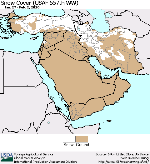 Middle East and Turkey Snow Cover (USAF 557th WW) Thematic Map For 1/27/2020 - 2/2/2020
