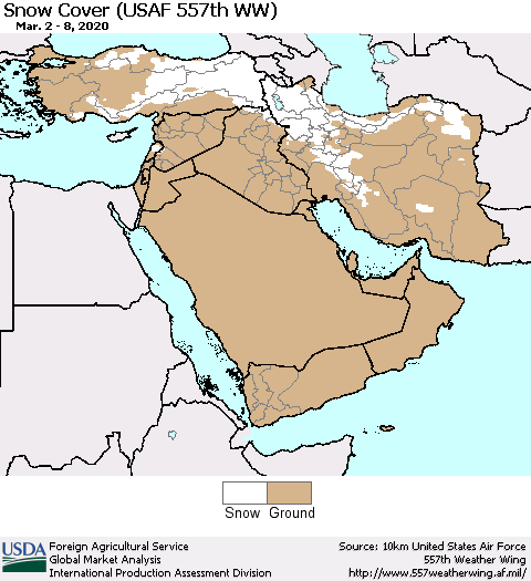 Middle East and Turkey Snow Cover (USAF 557th WW) Thematic Map For 3/2/2020 - 3/8/2020