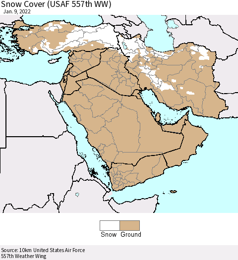 Middle East and Turkey Snow Cover (USAF 557th WW) Thematic Map For 1/3/2022 - 1/9/2022