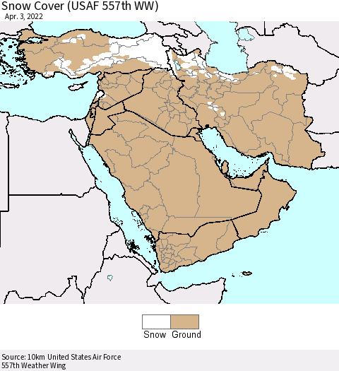 Middle East and Turkey Snow Cover (USAF 557th WW) Thematic Map For 3/28/2022 - 4/3/2022