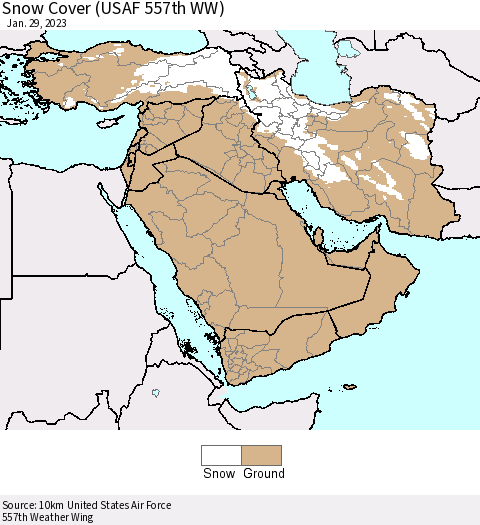 Middle East and Turkey Snow Cover (USAF 557th WW) Thematic Map For 1/23/2023 - 1/29/2023