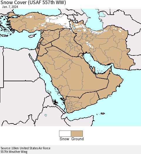 Middle East and Turkey Snow Cover (USAF 557th WW) Thematic Map For 1/1/2024 - 1/7/2024