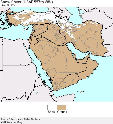 Middle East and Turkey Snow Cover (USAF 557th WW) Thematic Map For 1/22/2024 - 1/28/2024