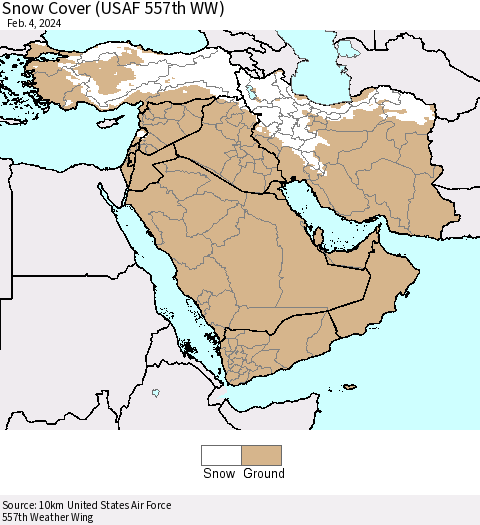 Middle East and Turkey Snow Cover (USAF 557th WW) Thematic Map For 1/29/2024 - 2/4/2024
