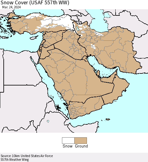 Middle East and Turkey Snow Cover (USAF 557th WW) Thematic Map For 3/18/2024 - 3/24/2024