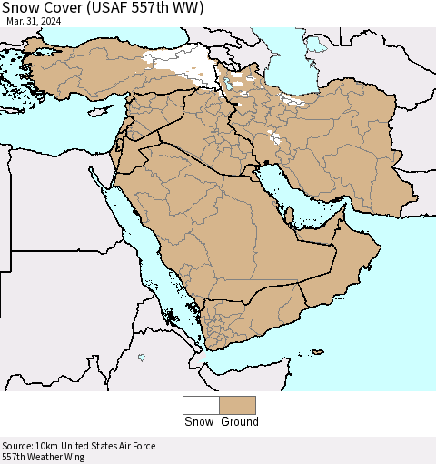 Middle East and Turkey Snow Cover (USAF 557th WW) Thematic Map For 3/25/2024 - 3/31/2024