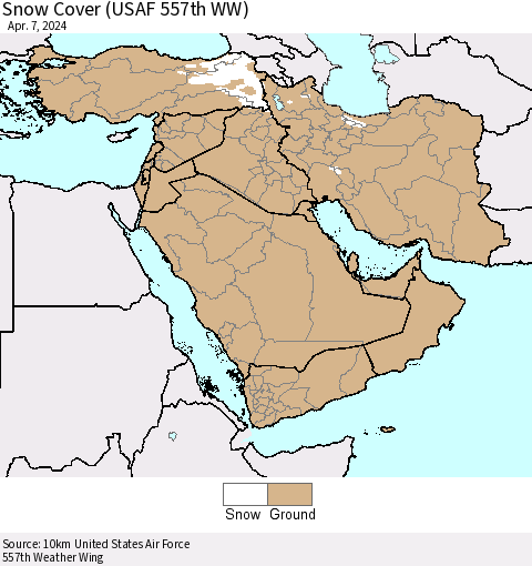 Middle East and Turkey Snow Cover (USAF 557th WW) Thematic Map For 4/1/2024 - 4/7/2024