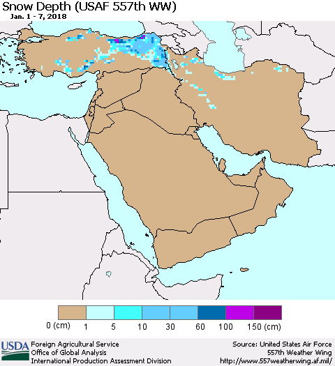 Middle East and Turkey Snow Depth (USAF 557th WW) Thematic Map For 1/1/2018 - 1/7/2018