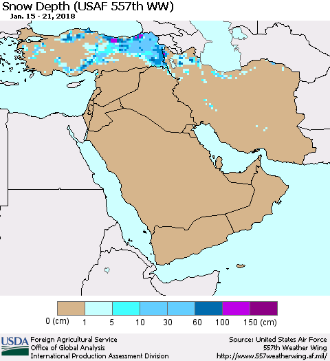 Middle East and Turkey Snow Depth (USAF 557th WW) Thematic Map For 1/15/2018 - 1/21/2018