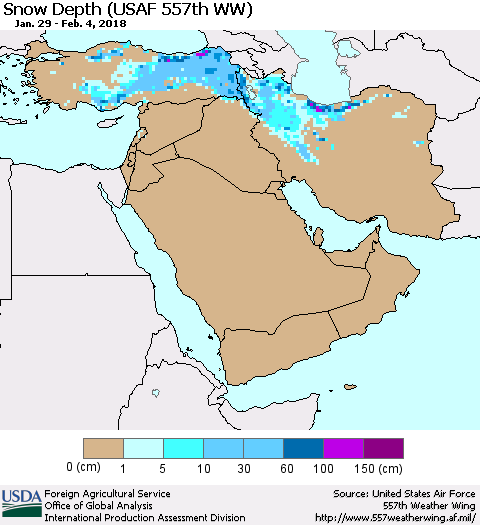 Middle East and Turkey Snow Depth (USAF 557th WW) Thematic Map For 1/29/2018 - 2/4/2018