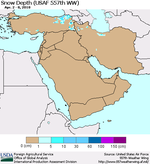 Middle East and Turkey Snow Depth (USAF 557th WW) Thematic Map For 4/2/2018 - 4/8/2018