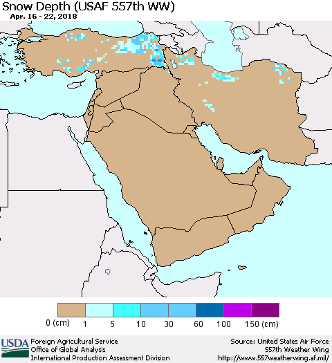 Middle East and Turkey Snow Depth (USAF 557th WW) Thematic Map For 4/16/2018 - 4/22/2018