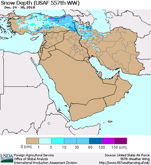Middle East and Turkey Snow Depth (USAF 557th WW) Thematic Map For 12/24/2018 - 12/30/2018