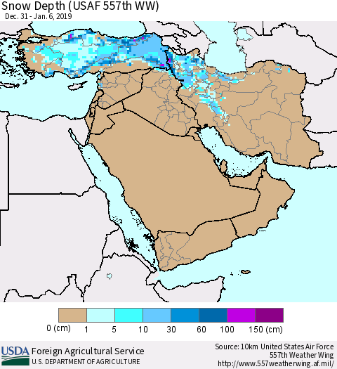 Middle East and Turkey Snow Depth (USAF 557th WW) Thematic Map For 12/31/2018 - 1/6/2019