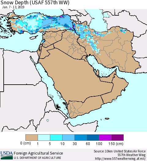 Middle East and Turkey Snow Depth (USAF 557th WW) Thematic Map For 1/7/2019 - 1/13/2019