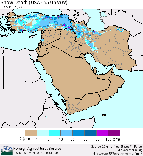 Middle East and Turkey Snow Depth (USAF 557th WW) Thematic Map For 1/14/2019 - 1/20/2019