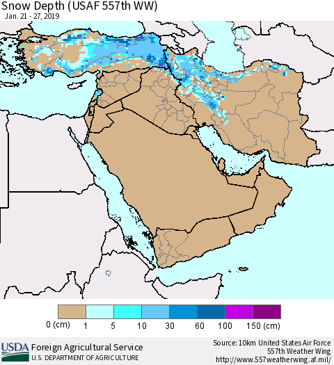 Middle East and Turkey Snow Depth (USAF 557th WW) Thematic Map For 1/21/2019 - 1/27/2019