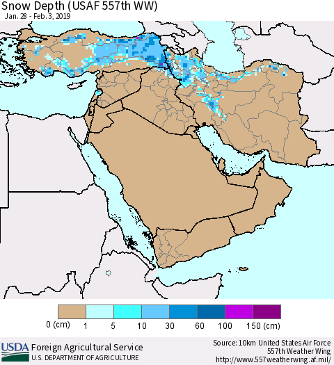 Middle East and Turkey Snow Depth (USAF 557th WW) Thematic Map For 1/28/2019 - 2/3/2019