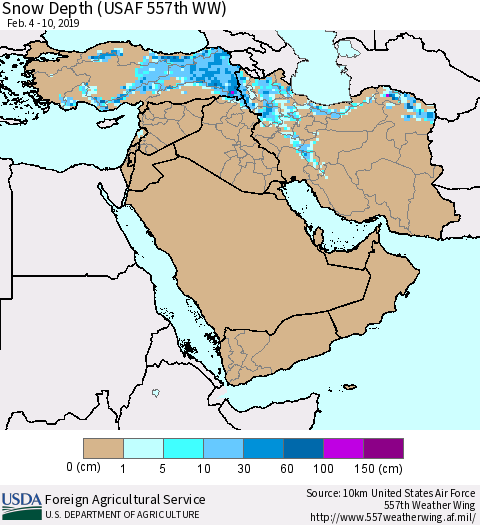 Middle East and Turkey Snow Depth (USAF 557th WW) Thematic Map For 2/4/2019 - 2/10/2019