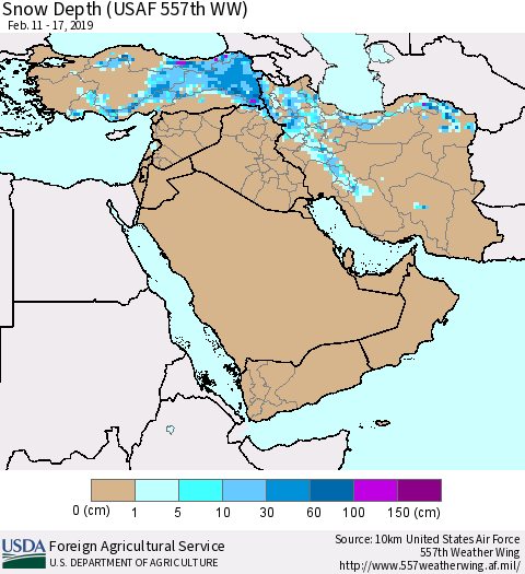 Middle East and Turkey Snow Depth (USAF 557th WW) Thematic Map For 2/11/2019 - 2/17/2019