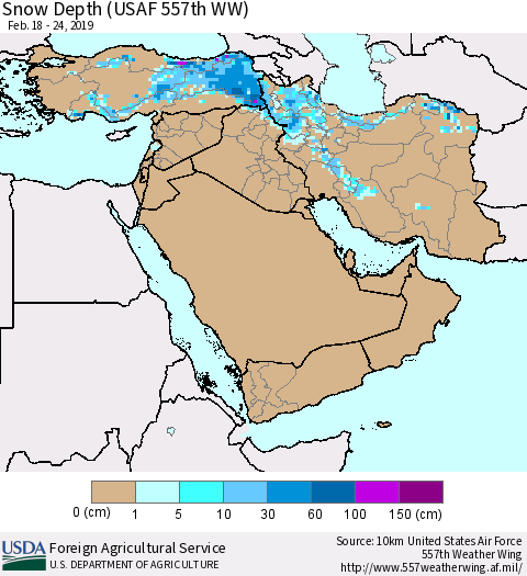 Middle East and Turkey Snow Depth (USAF 557th WW) Thematic Map For 2/18/2019 - 2/24/2019