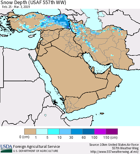 Middle East and Turkey Snow Depth (USAF 557th WW) Thematic Map For 2/25/2019 - 3/3/2019