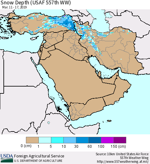 Middle East and Turkey Snow Depth (USAF 557th WW) Thematic Map For 3/11/2019 - 3/17/2019