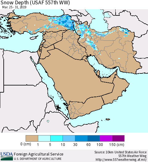 Middle East and Turkey Snow Depth (USAF 557th WW) Thematic Map For 3/25/2019 - 3/31/2019