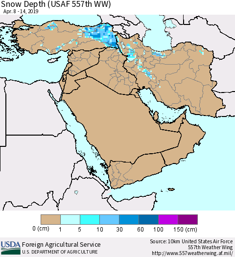 Middle East and Turkey Snow Depth (USAF 557th WW) Thematic Map For 4/8/2019 - 4/14/2019