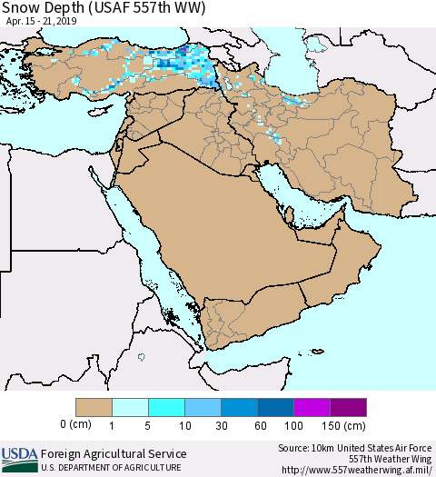 Middle East and Turkey Snow Depth (USAF 557th WW) Thematic Map For 4/15/2019 - 4/21/2019