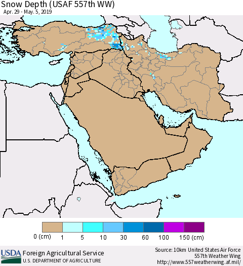 Middle East and Turkey Snow Depth (USAF 557th WW) Thematic Map For 4/29/2019 - 5/5/2019