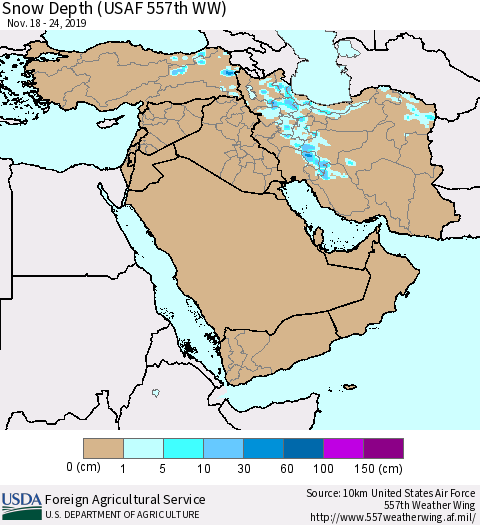 Middle East and Turkey Snow Depth (USAF 557th WW) Thematic Map For 11/18/2019 - 11/24/2019