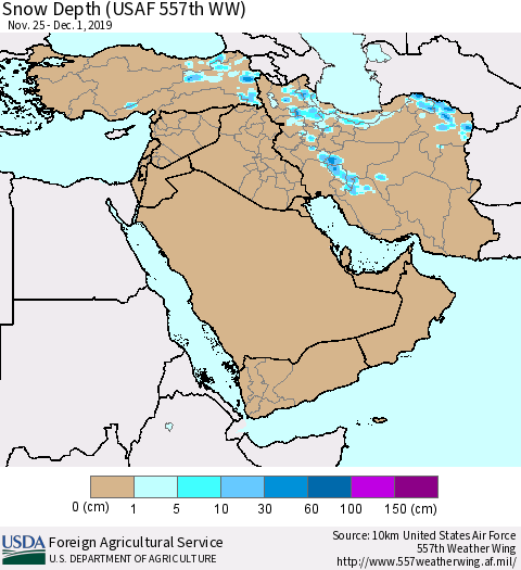 Middle East and Turkey Snow Depth (USAF 557th WW) Thematic Map For 11/25/2019 - 12/1/2019